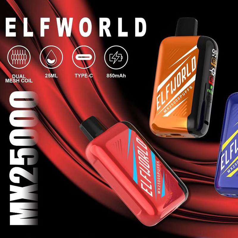 ELFWORLD MX 25000 Puffs | 25 mL E-Liquid, 850 mAh Rechargeable, Digital Display, Dual Vaping Modes (12W & 25W), Mesh Coil, Adjustable Airflow, Type-C Fast Charge
