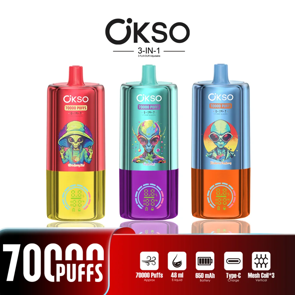 OKSO 3IN1 70000 Puffs Disposable Vape | 3 Flavors in 1 Device, 3 Mesh Coils | 48ml Total E-Liquid, LED Display, 650mAh Battery