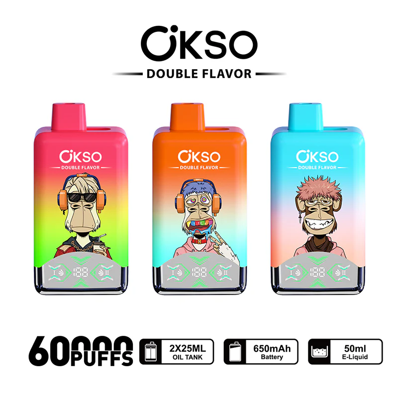 OKSO Double Flavor 60000 Puffs – Dual-Tank Vape with 2 Flavors in 1, 50 ml E-Liquid, Mech Coil, LED Display & 650 mAh Battery