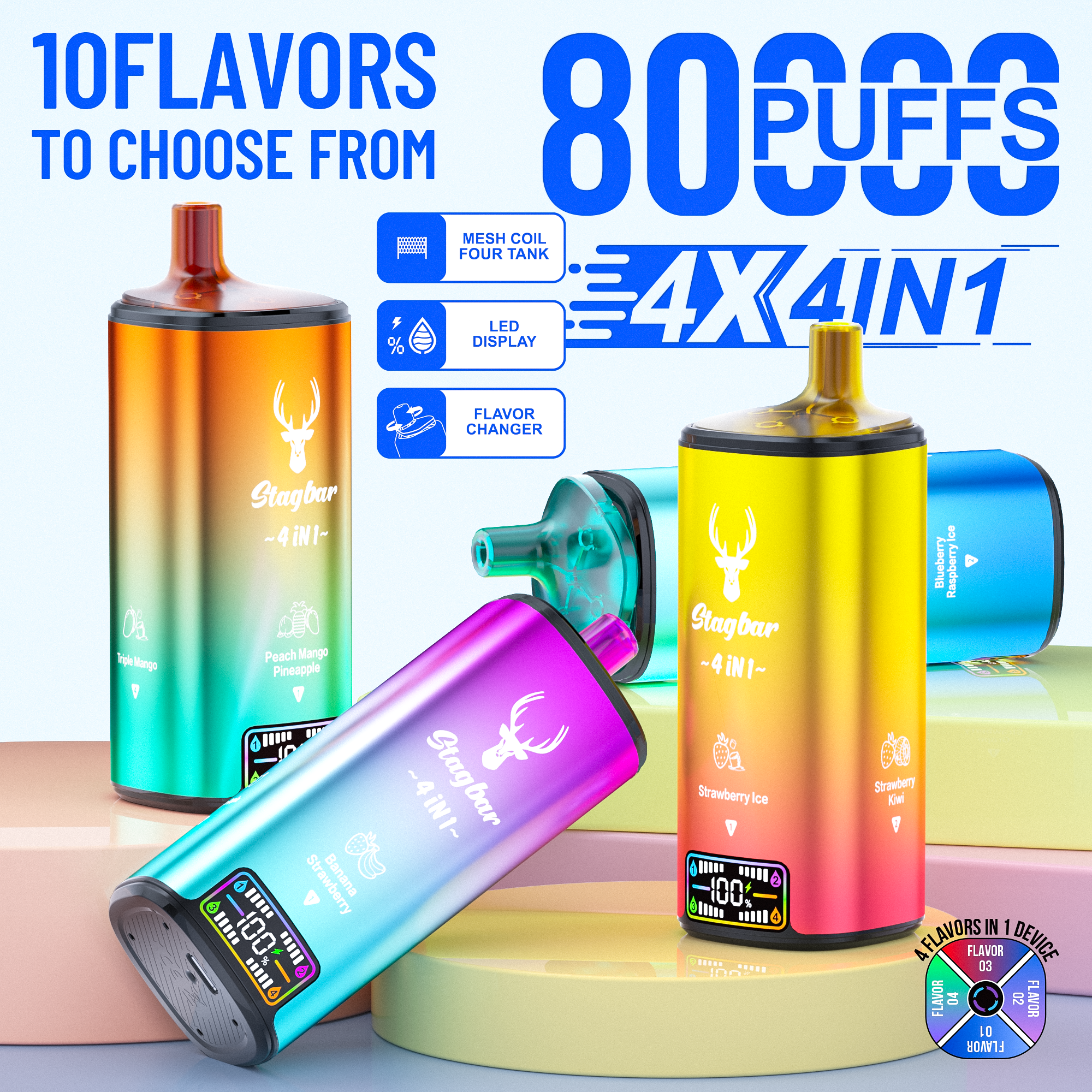 StagBar 4in1 80000 Disposable Vape | 4 Flavors in 1 Device, 80,000 Puffs | 72ml Total E-Liquid (18ml x 4), 1000mAh Battery, LED Display, Mesh Coil