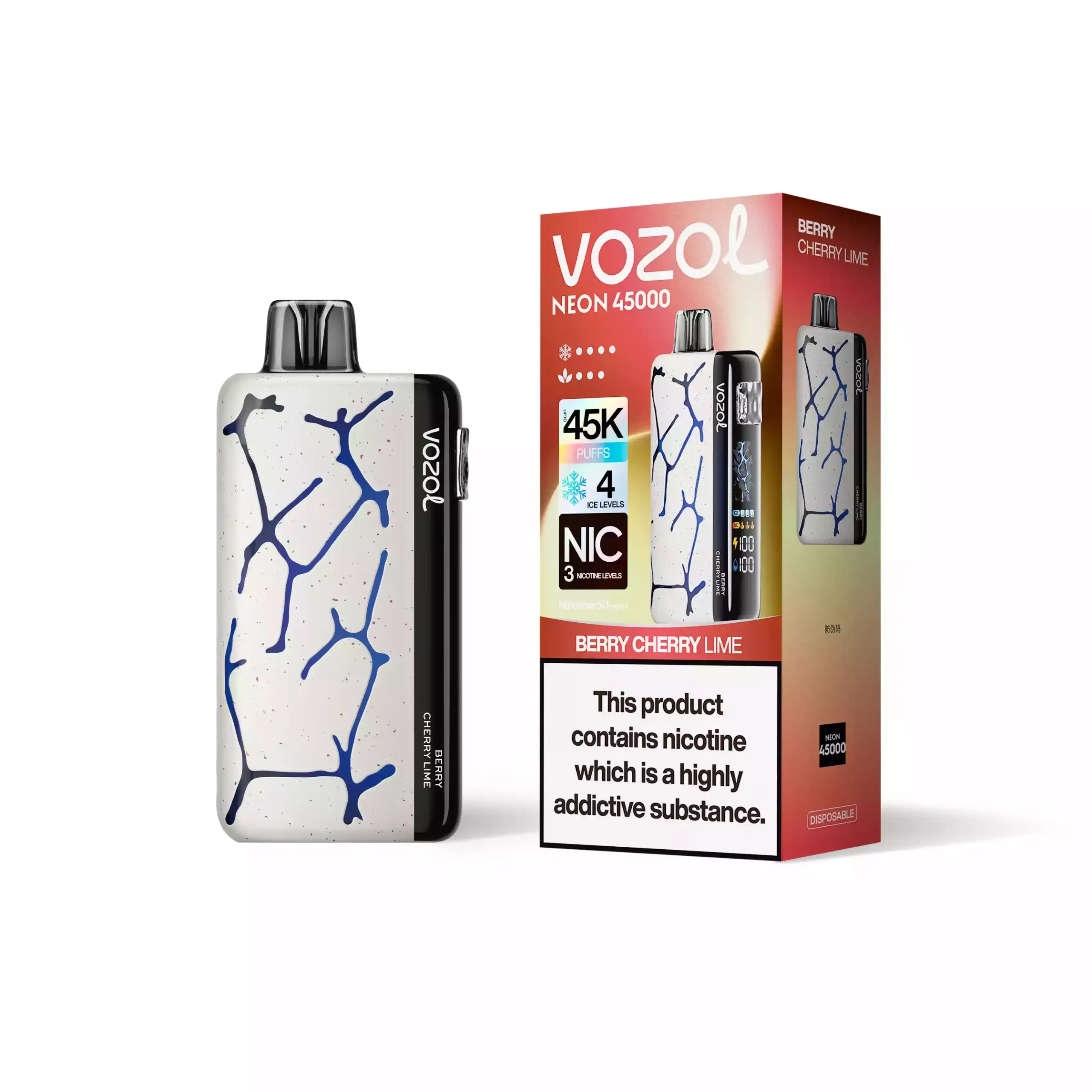Vozol Neon 45K Disposable Vape | 4 Ice Levels, 3 Airflow & 3 Nicotine Settings | Full Color Screen, Visible Tank, 800mAh Battery