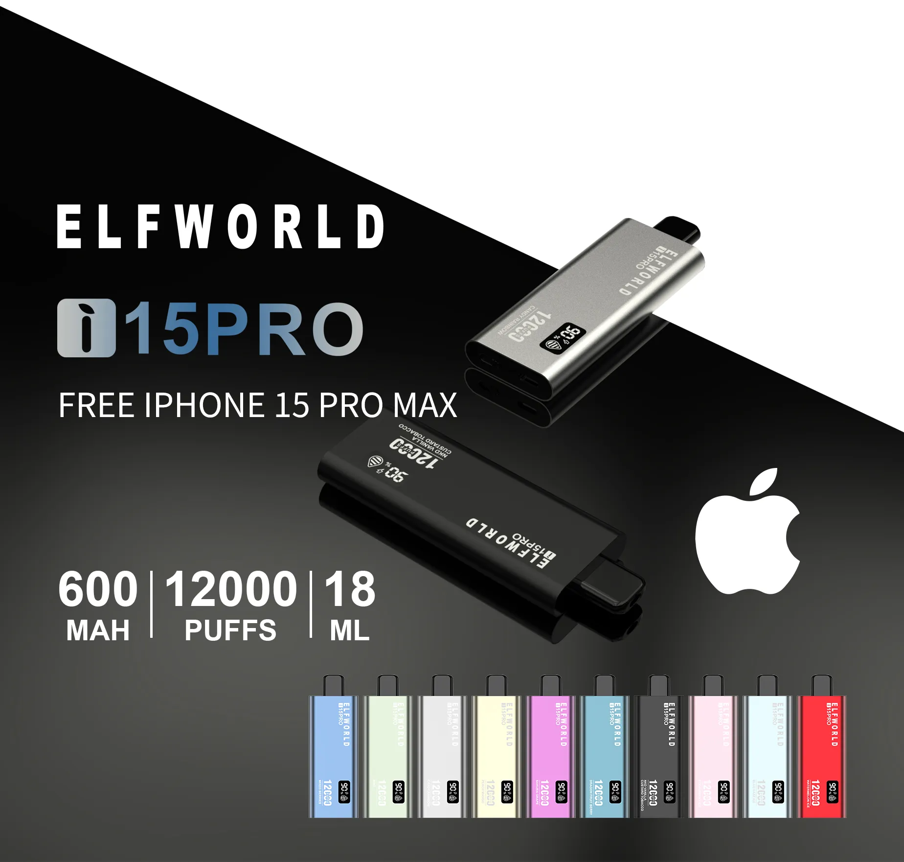 Elfworld i15Pro 12000 Puffs Vape | 18mL E-liquid, 600mAh Rechargeable, Mesh Coil, Type-C Charging, Digital Screen, MTL Vaping, Multiple Nicotine Options