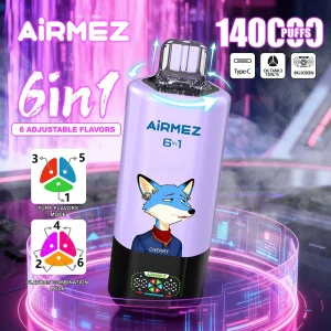 AiRMEZ Fox 6in1 140K Disposable Vape | 140,000 Puffs, 6-in-1 Smart System | 3 Tanks Create 6 Flavor Profiles | Large Smart Screen, 45ml Capacity, Type-C